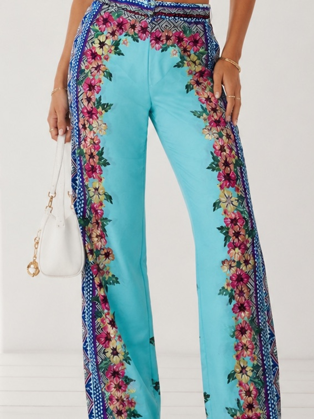 $155 MONO B Floral Border Wide-Leg Pants in Turquoise Large New